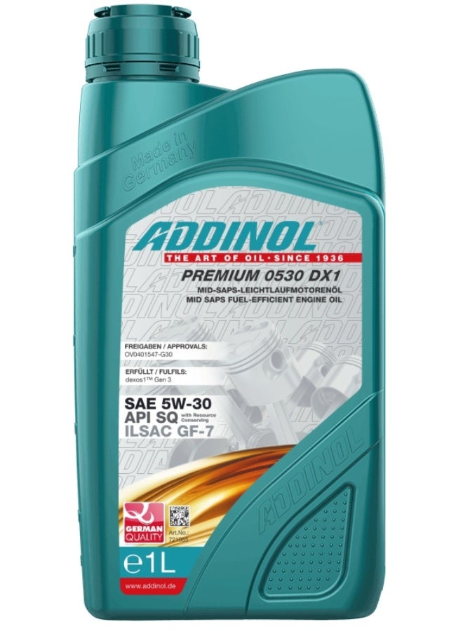 ADDINOL Premium 0530 DX1 is a newly developed low viscosity engine oil with Longlife character in the SAE grade 5W-30, based on state-of-the-art synthetic base oils.